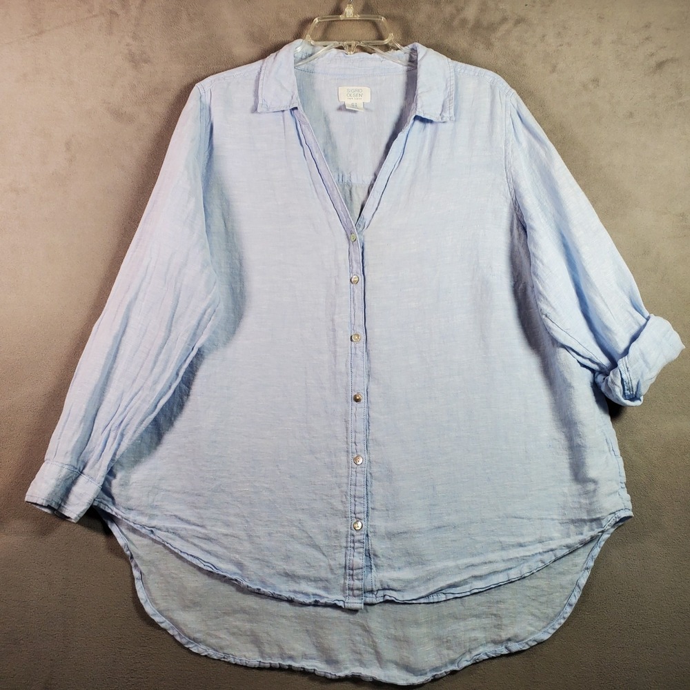 Sigrid Olsen Top‎ Womens 1X Blue Linen Coastal Button Long Sleeve Resort Beach